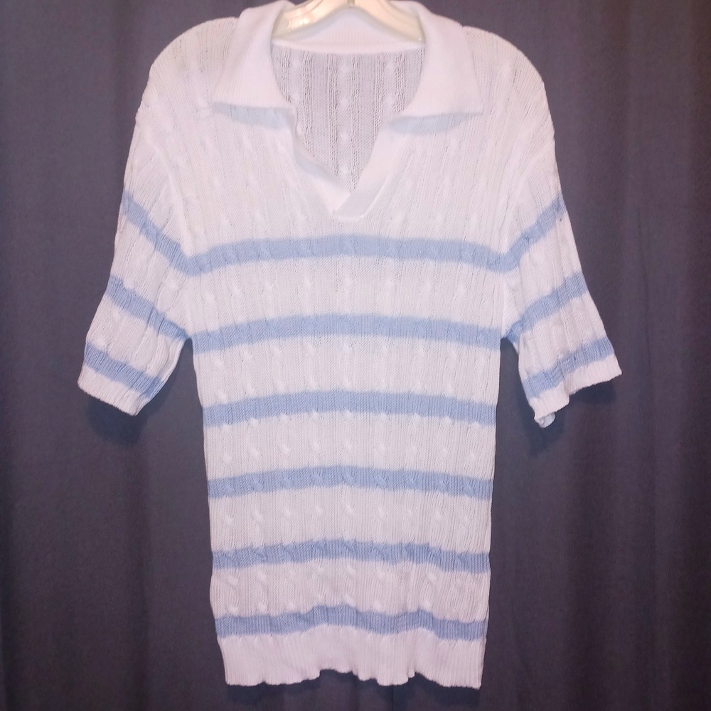 Nautical Preppy White Blue Striped Cable Knit Short Sleeve Polo Sweater Shirt M